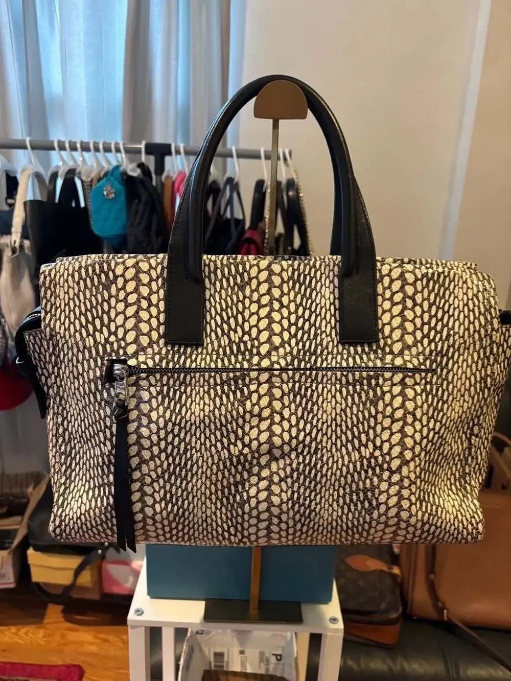 COACH F28303 Painted Snakeskin Leather Carryall Satchel Black & White